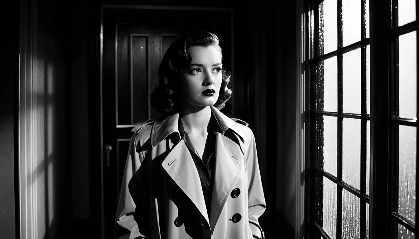Woman in trench coat by rain streaked apartment window