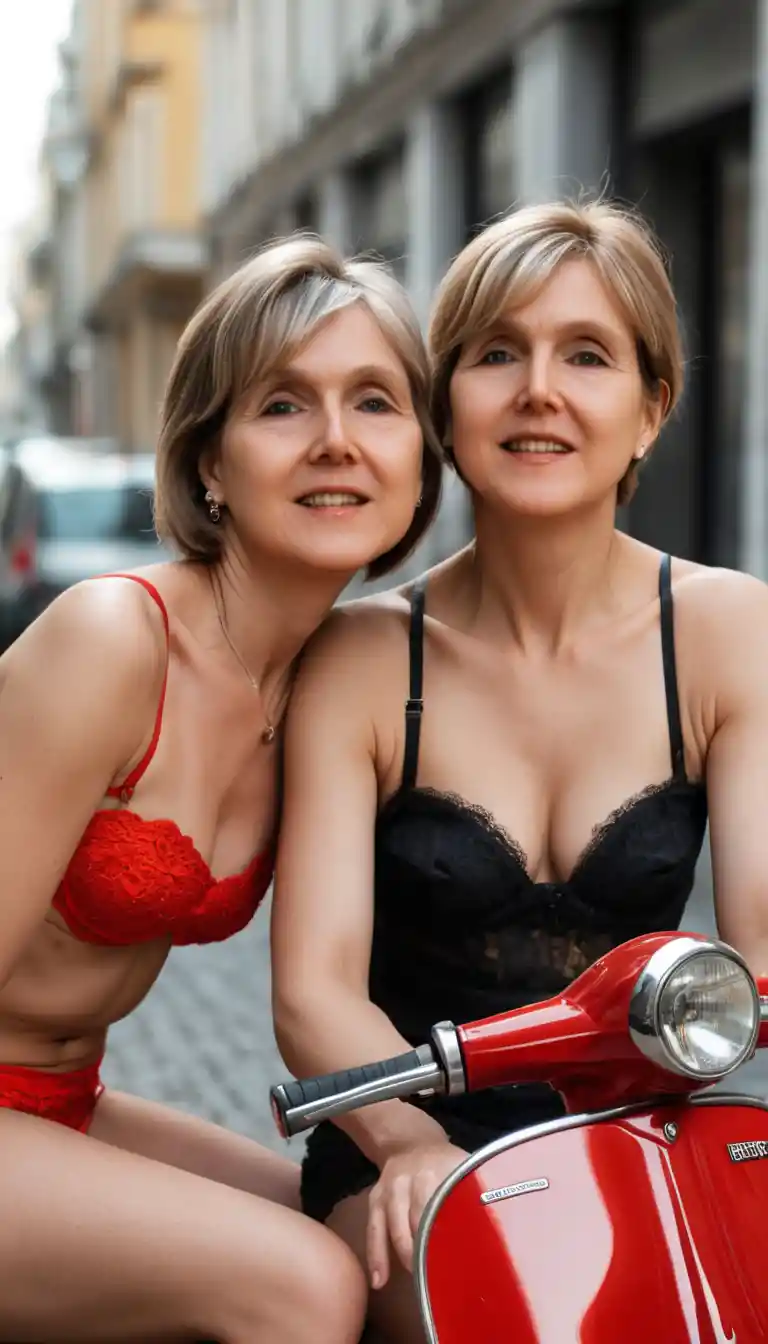 Two women kissing closely on a red Vespa scooter