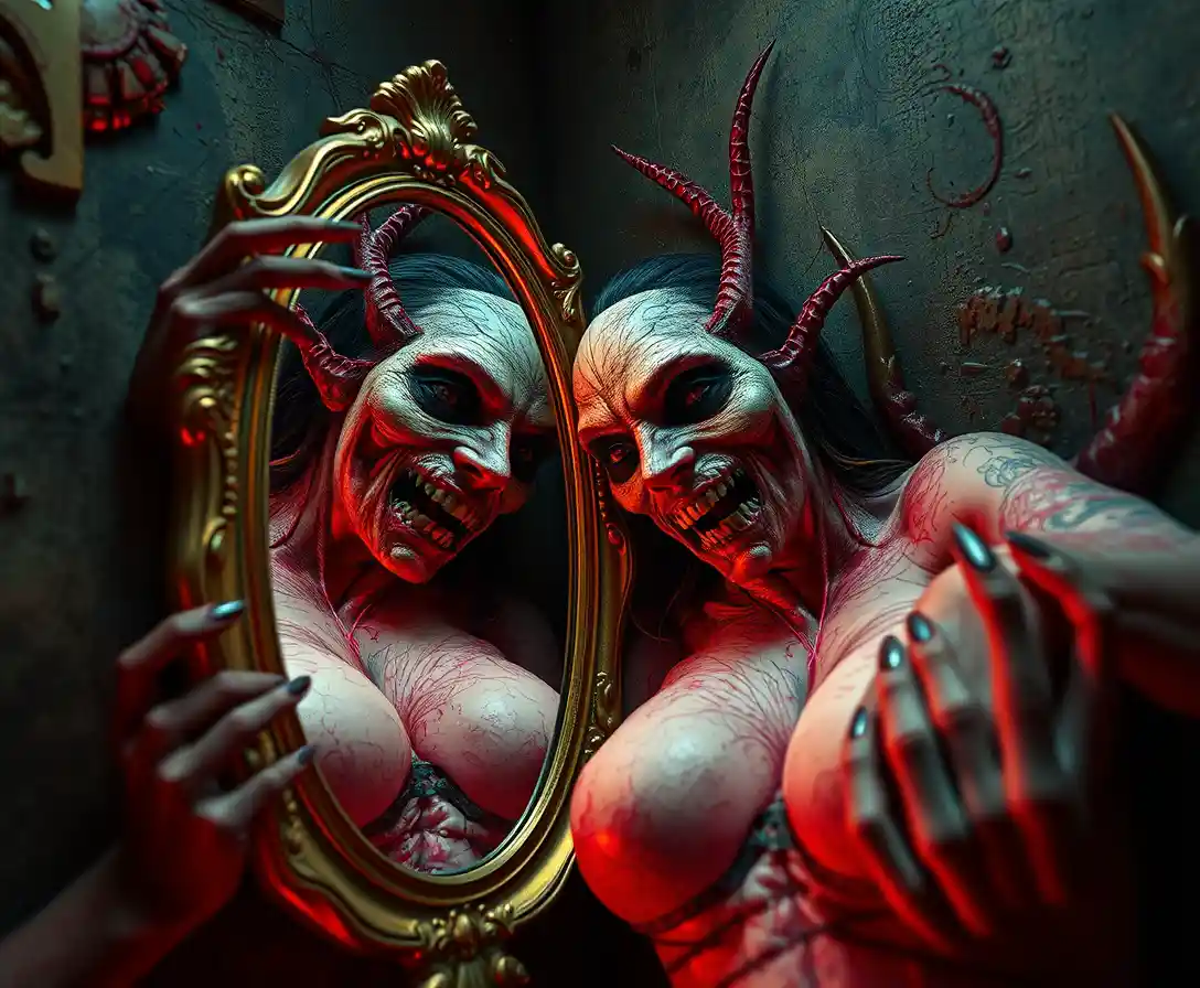 Surreal mirrored exorcism figure in comic horror style
