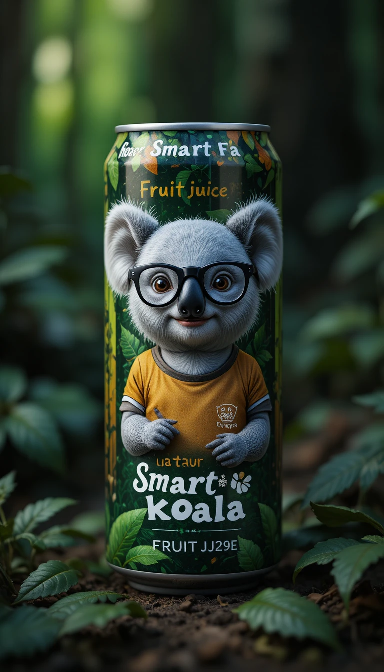 Close up fruit juice can with smart koala mascot in forest