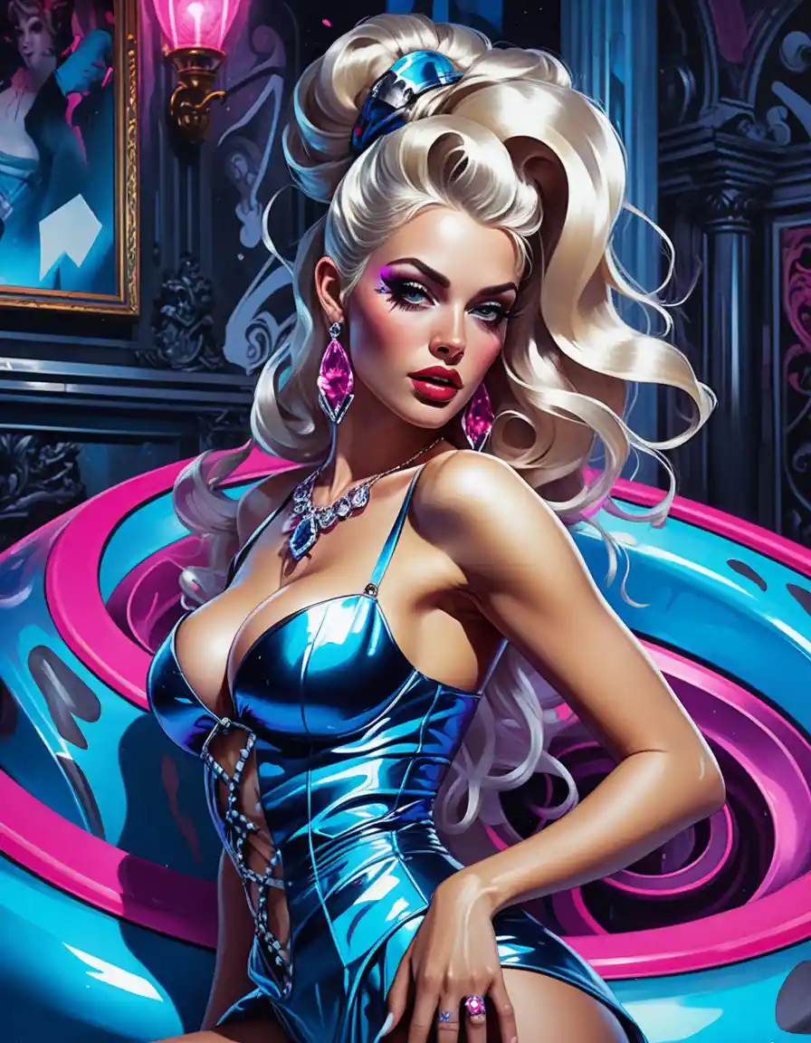 Neon goddess courtesan pinup in ornate baroque fashion