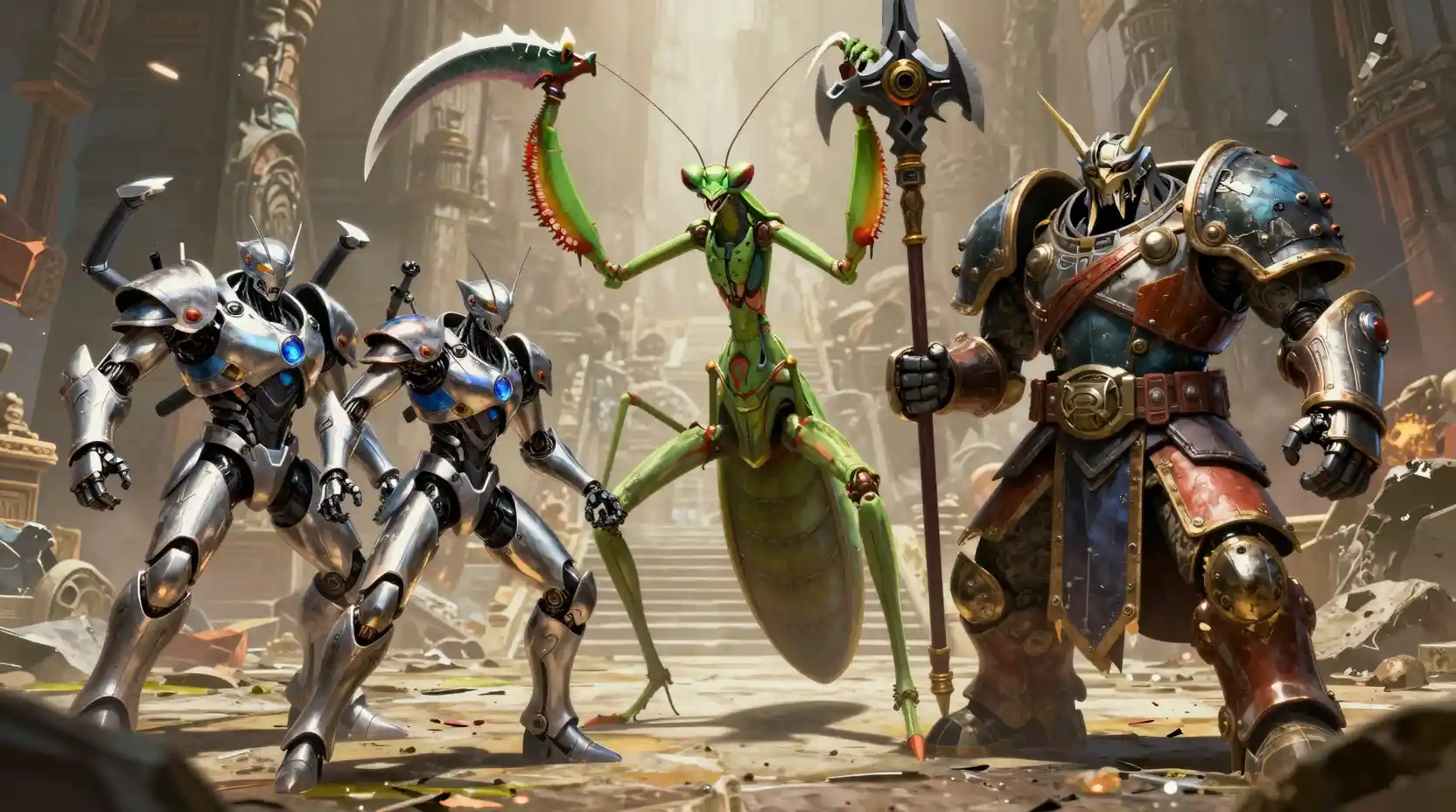 Cinematic showdown with warriors and a giant mantis monster