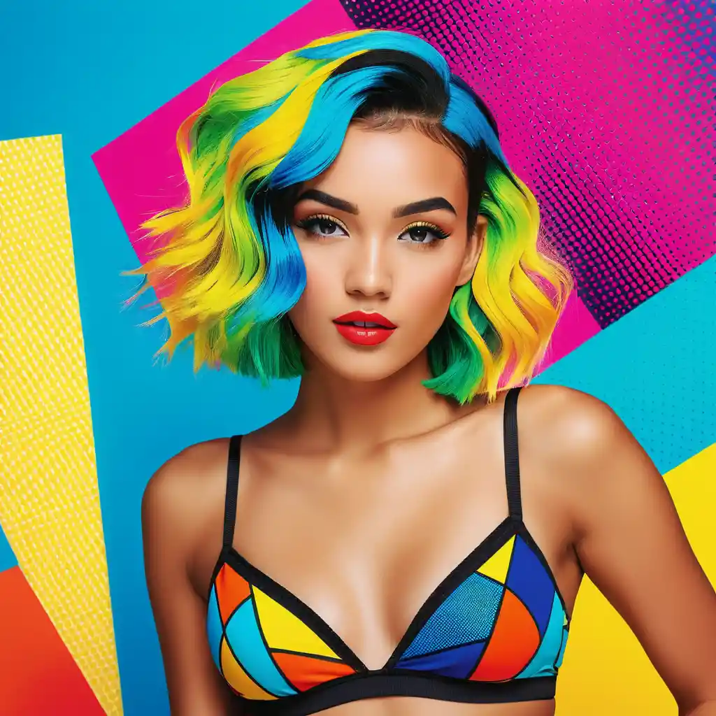 Pop art portrait of a playful girl with colorful hair