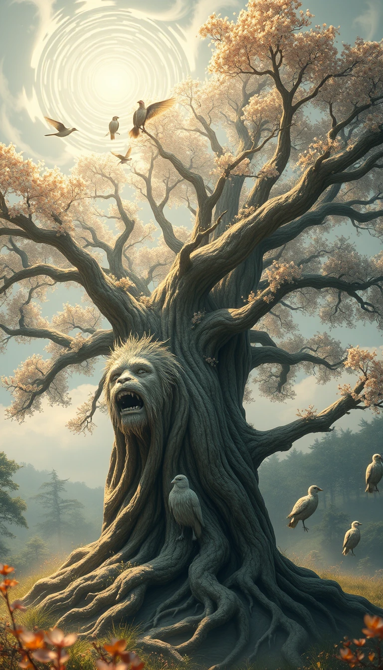 Ancient sculpted tree rising into a mist filled fantasy sky