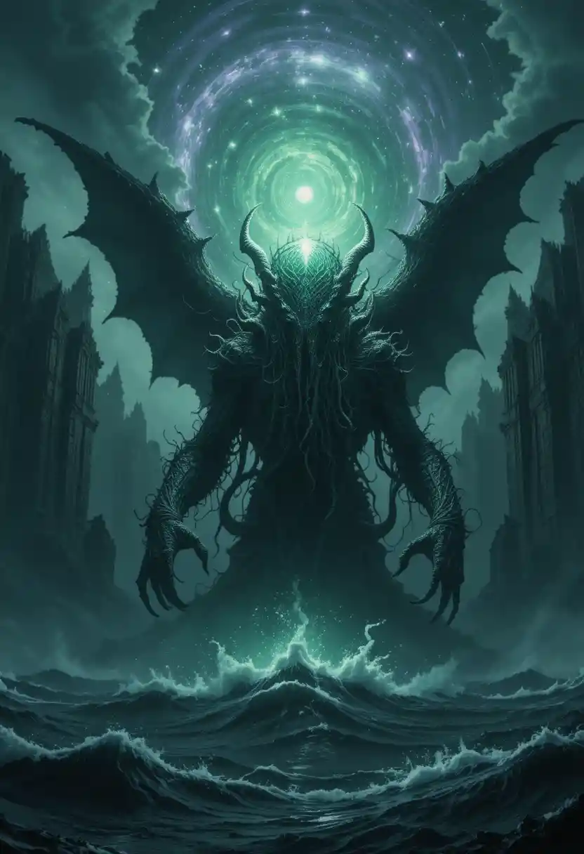 Ancient eldritch deity rising from a stormy black ocean