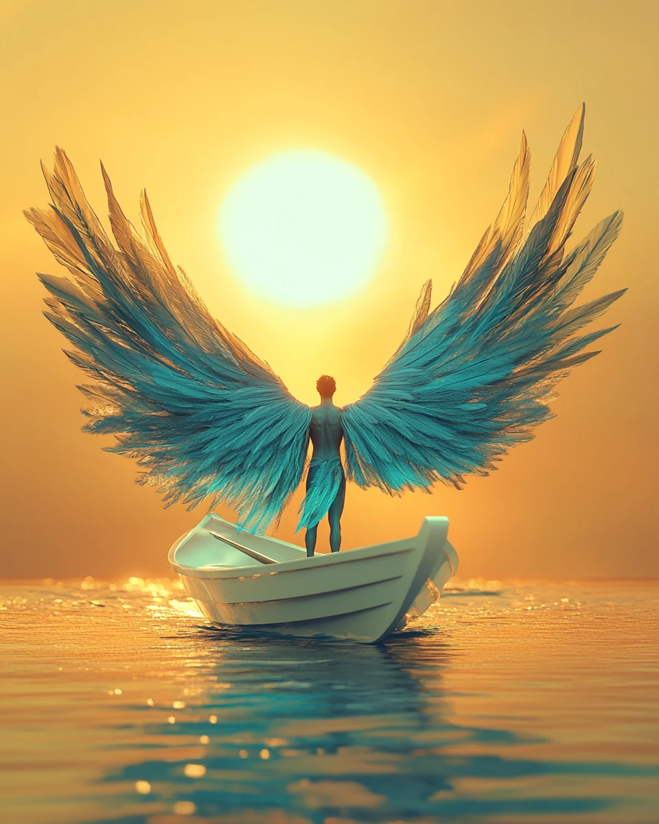 Blue winged figure on a lone white boat at sea