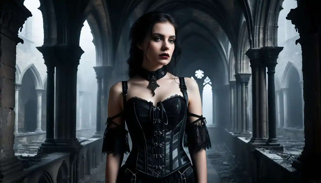 Young woman in gothic black corset in ruined cathedral cloister