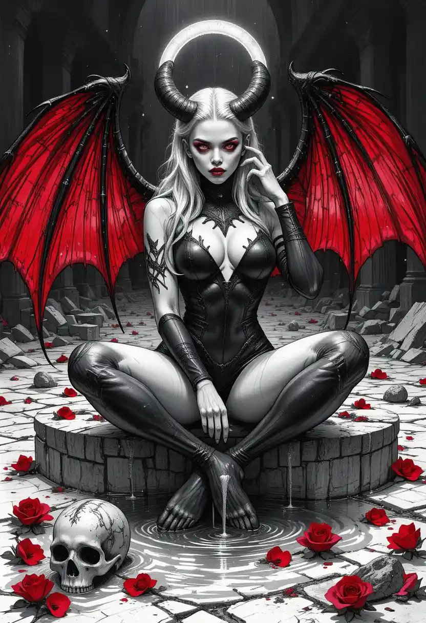 Demonic succubus with silver hair and red wings