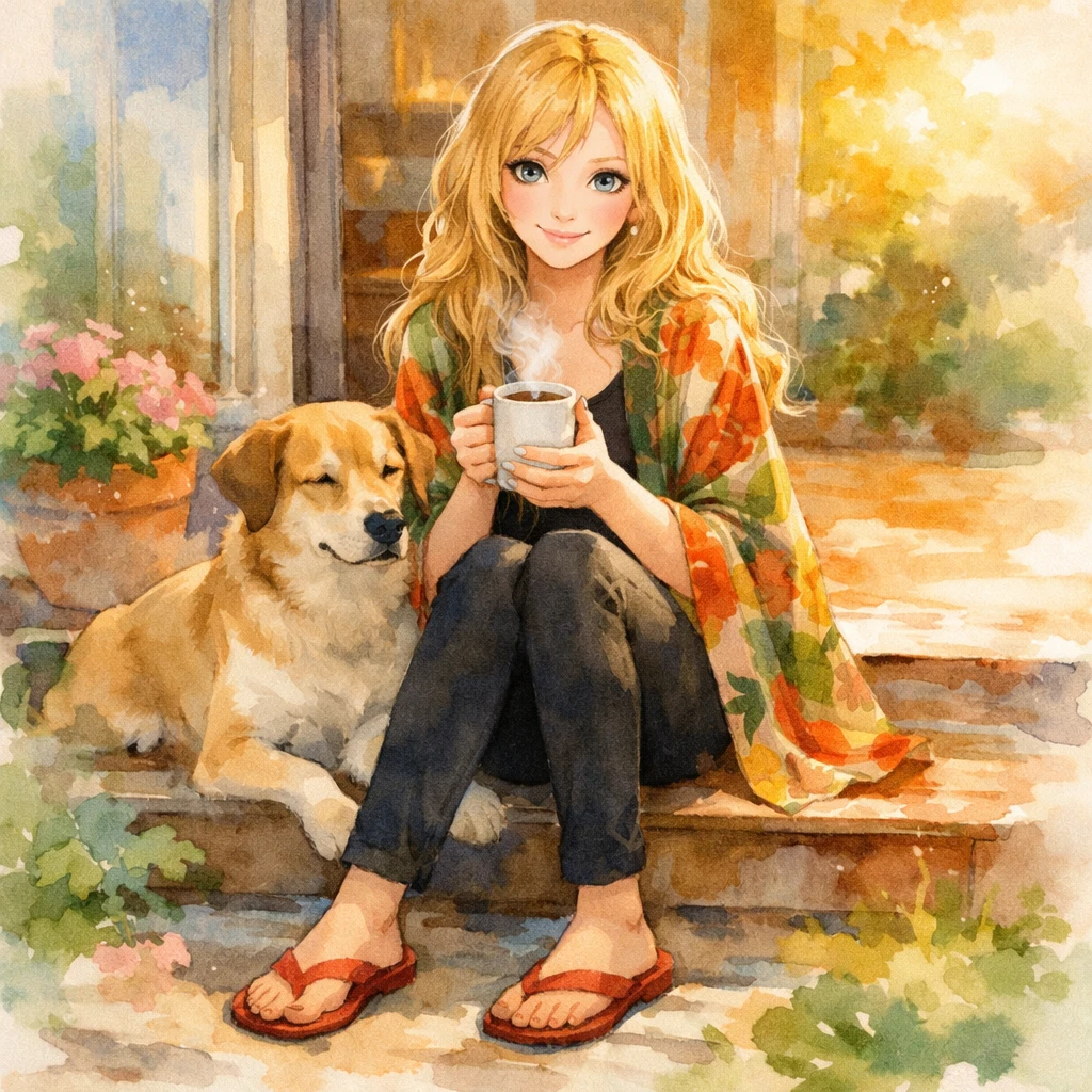 Blonde woman with coffee on garden steps at sunrise