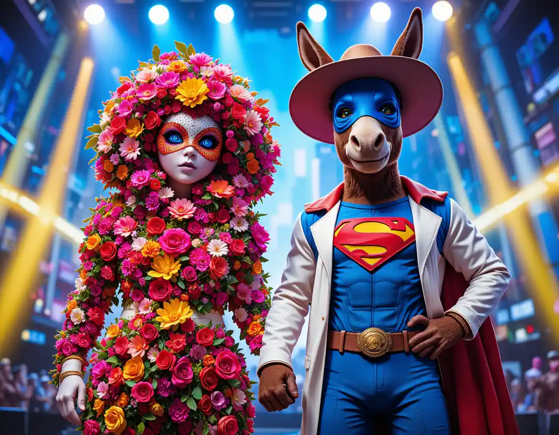 Floral mascot and donkey superhero on vibrant stage