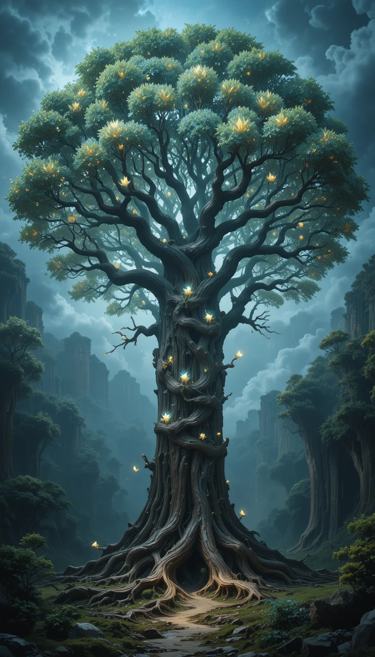 Ancient carved tree merging with mist and crystal landscape