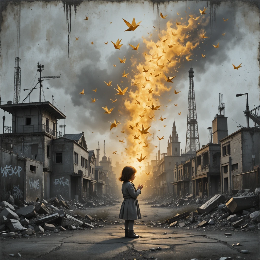 Girl folding glowing crane before a ruined city wall