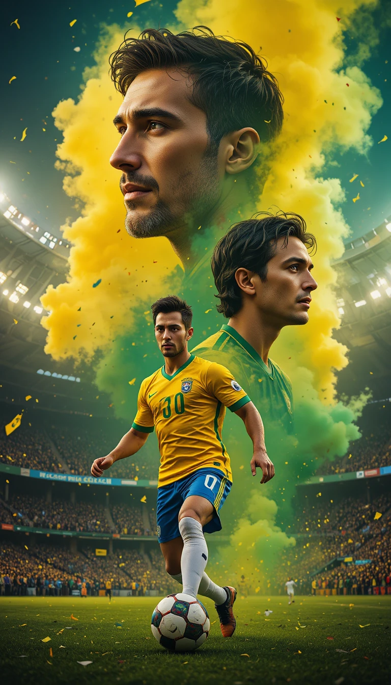 Brazilian soccer star dribbling on the stadium pitch
