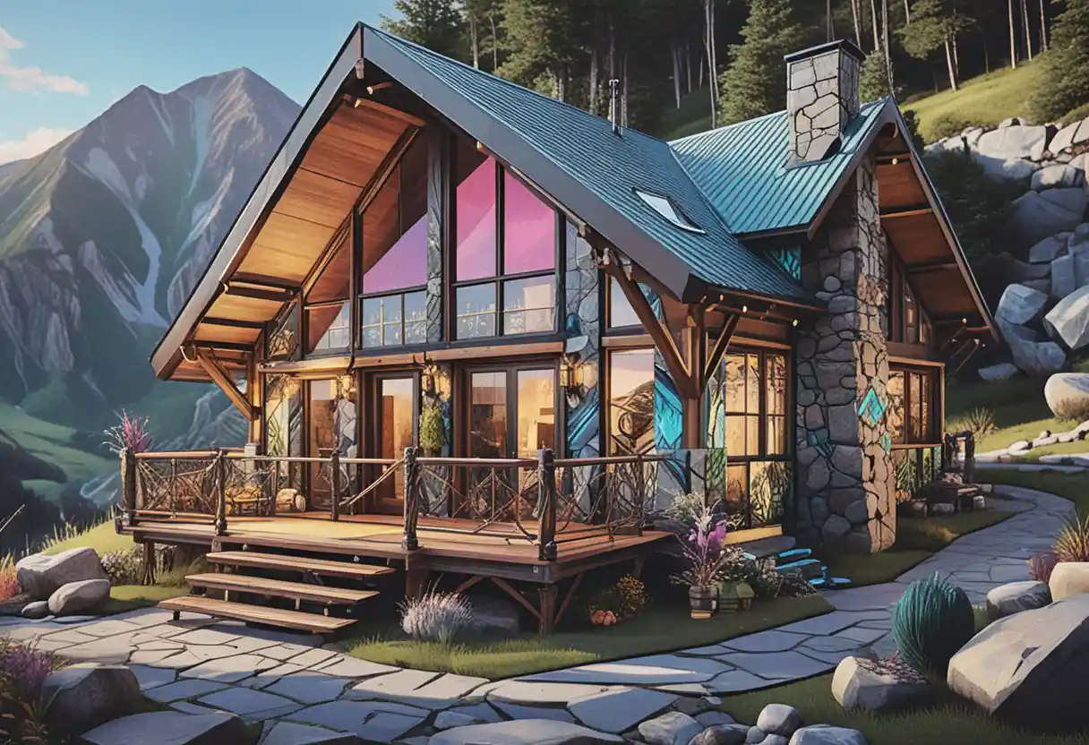 Luxury rustic mountain cabin in isometric blue night scene
