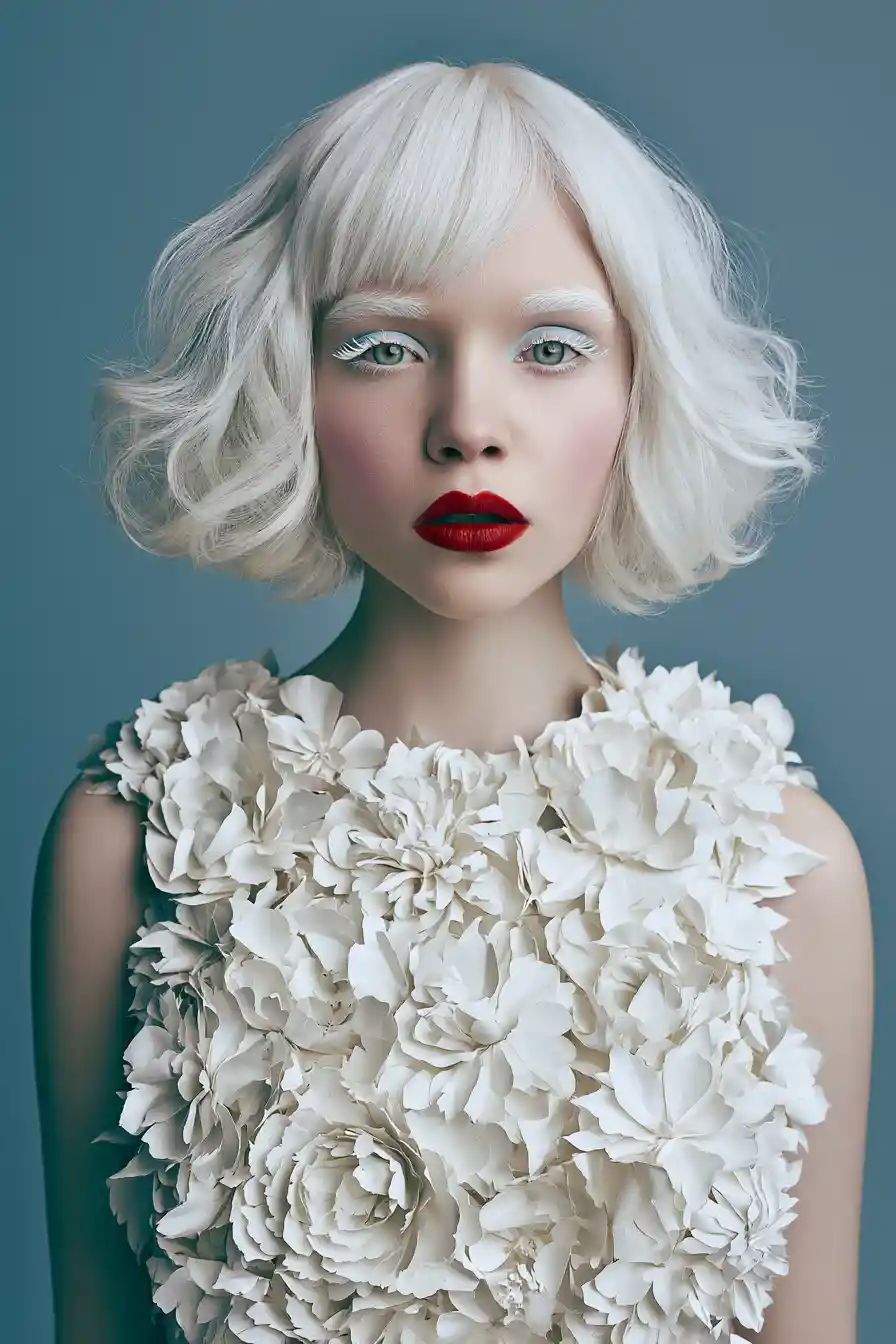 Albino woman in papercut floral dress with pastel makeup
