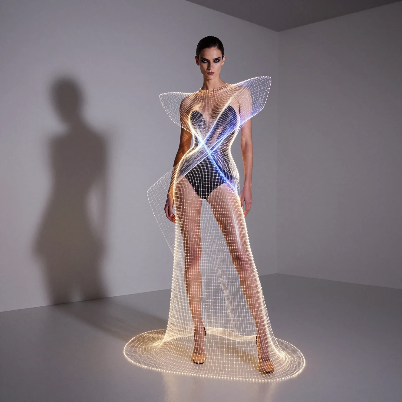 Futuristic fashion model in glowing fiber optic dress