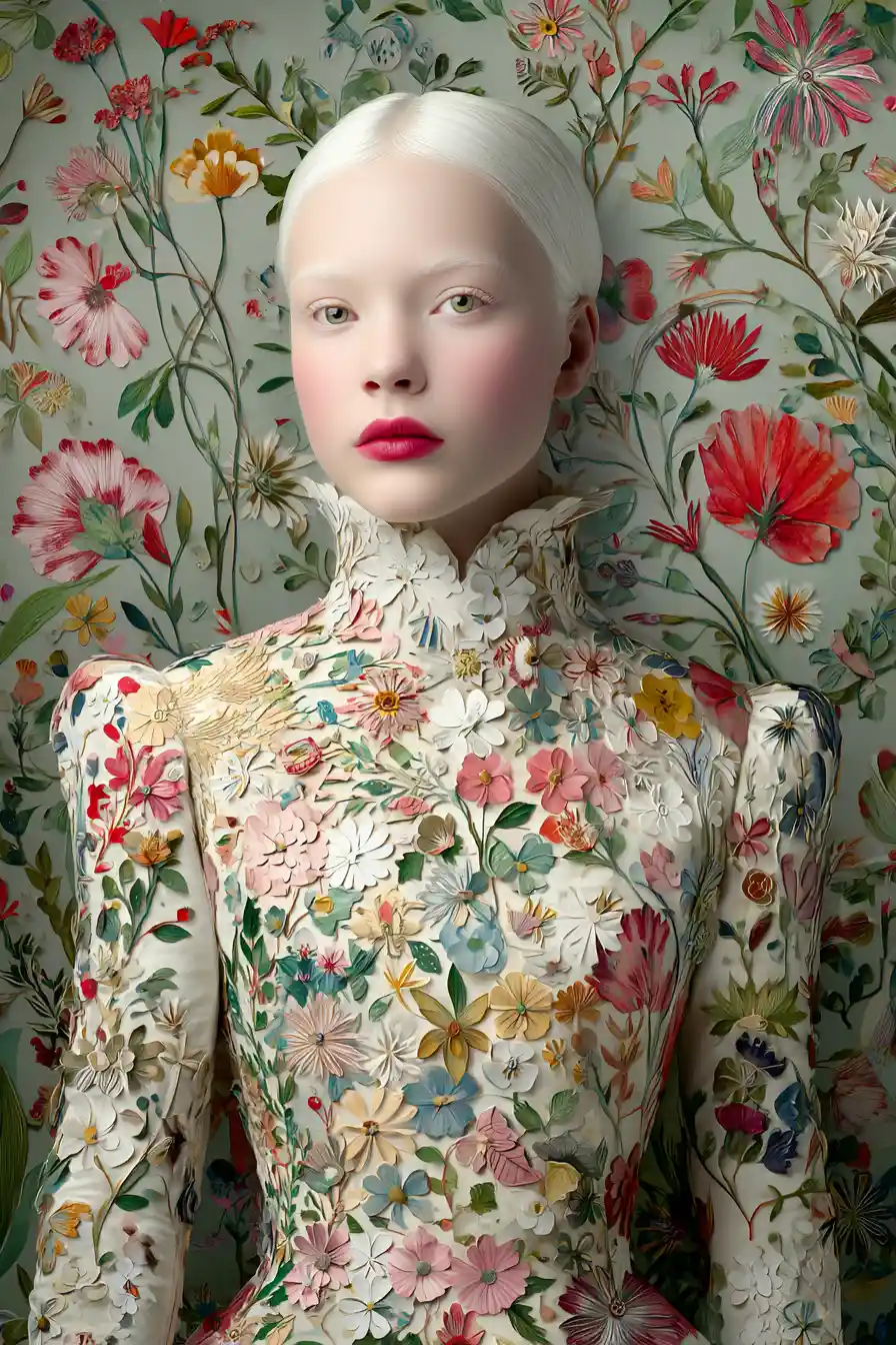 Surreal albino woman in floral paper dress with pastel makeup