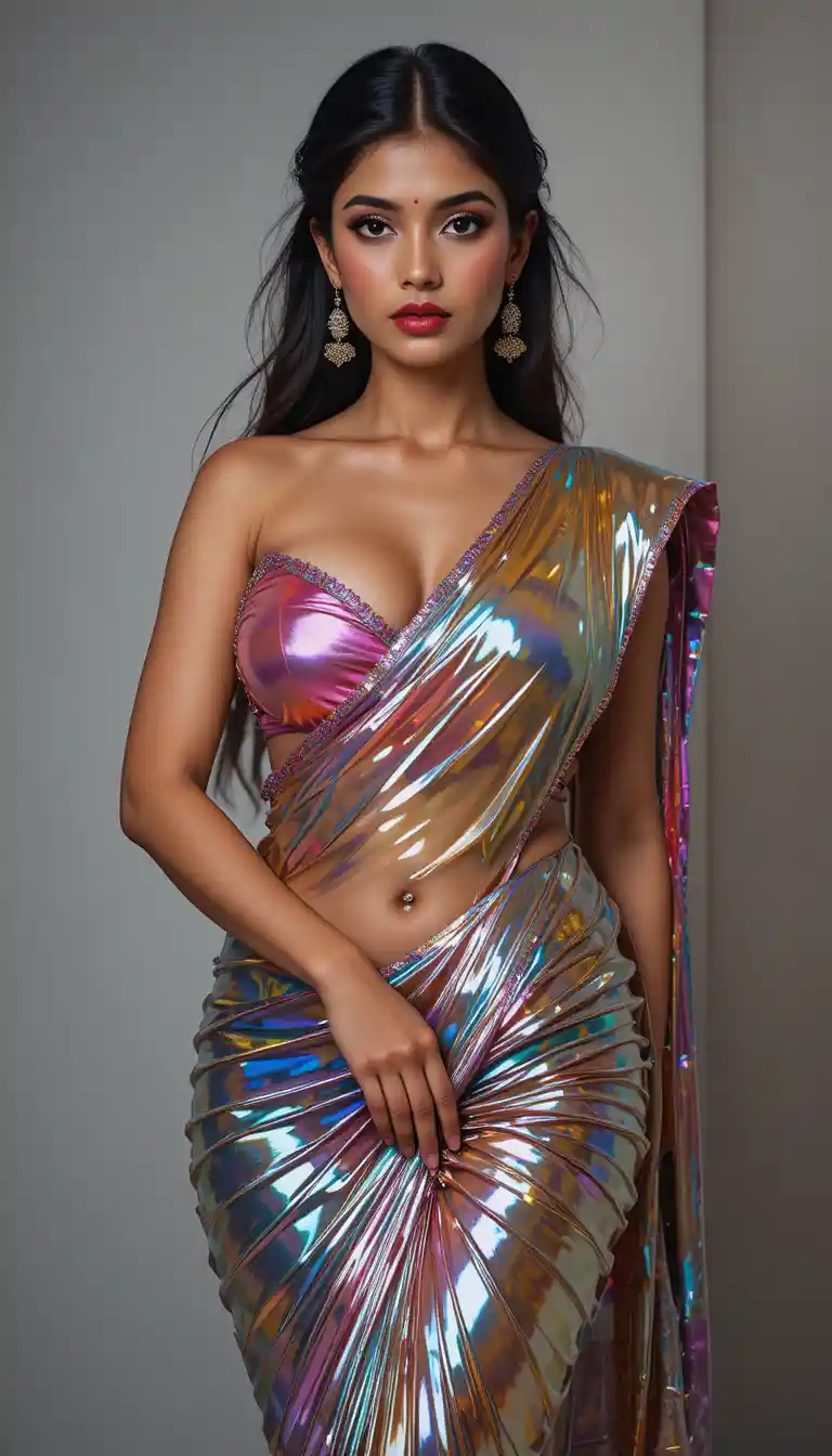 Tamil woman in glossy saree with exposed midriff pose