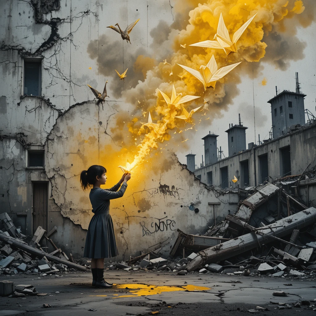 Girl Folding Glowing Origami Crane In War Torn City