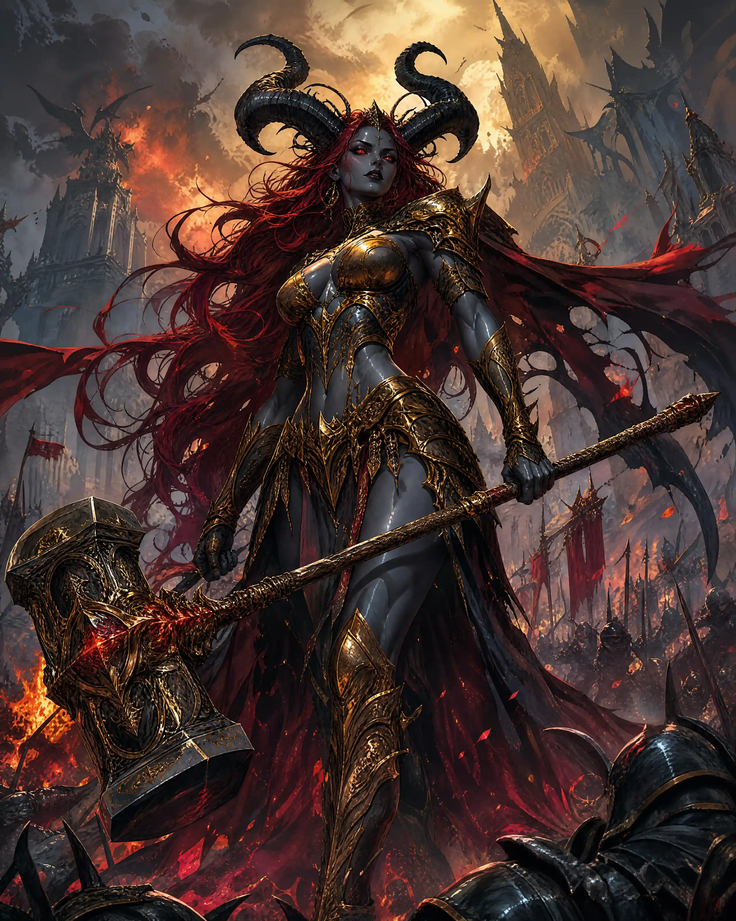 Demonic warrior woman in gold armor on fiery battlefield