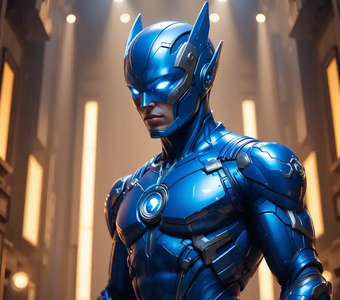 Blue armored superhero in dramatic golden backlight