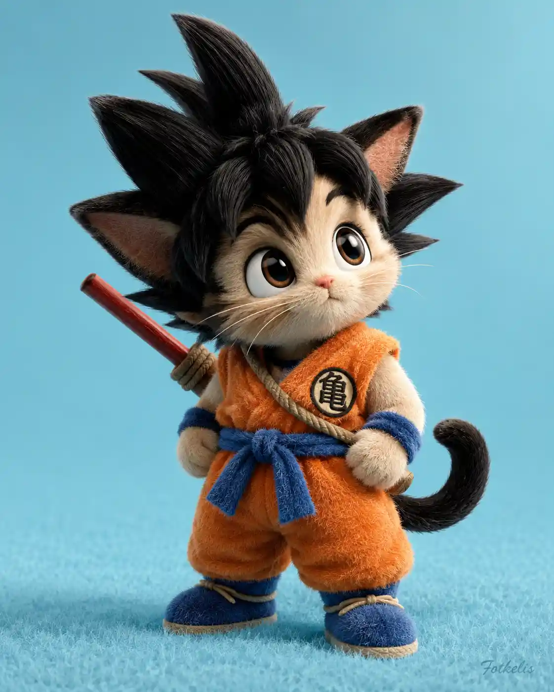 Adorabile guerriero gatto 3D in gi arancione con bastone del potere