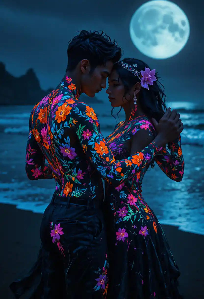 Latin couple dancing tango on a dark ocean beach