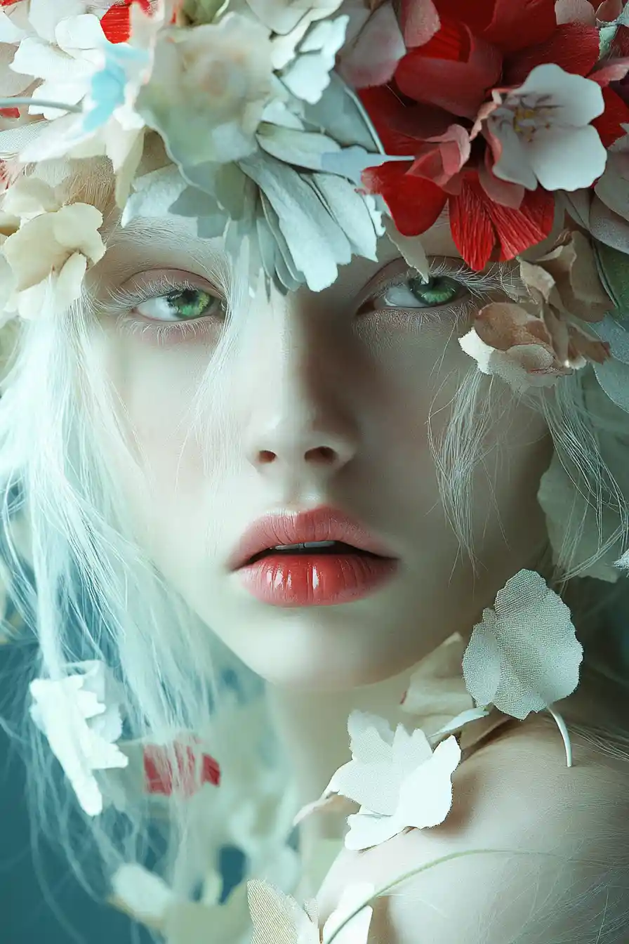Albino woman in floral paper dress with surreal editorial mood