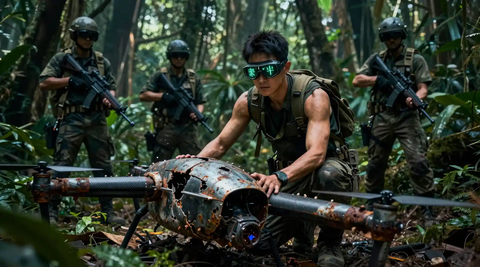 Man with ruined drone in dark prehistoric jungle