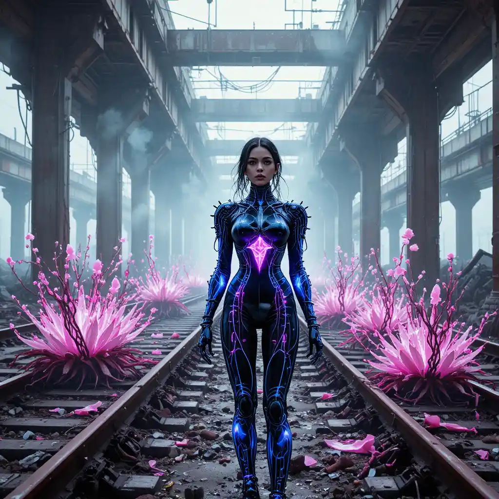 Cyberpunk woman on deserted railway in glitching light