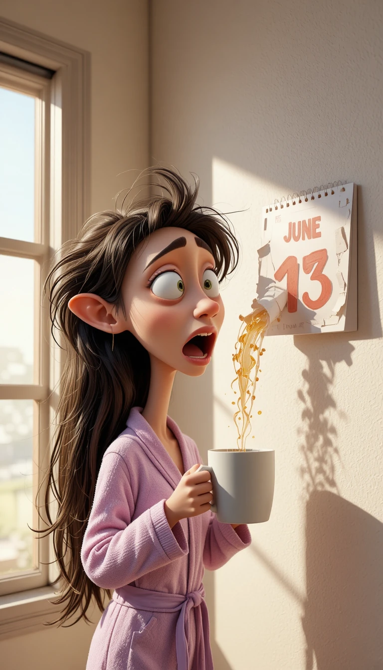 Panicked cartoon woman in bathrobe spilling morning coffee
