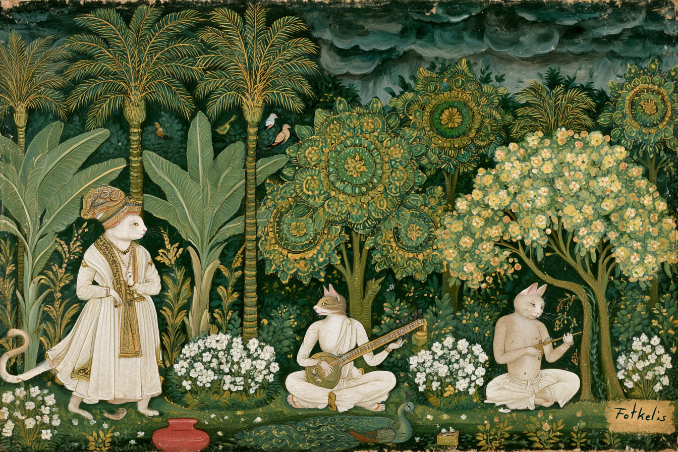 Regal cats playing music in a lush forest garden
