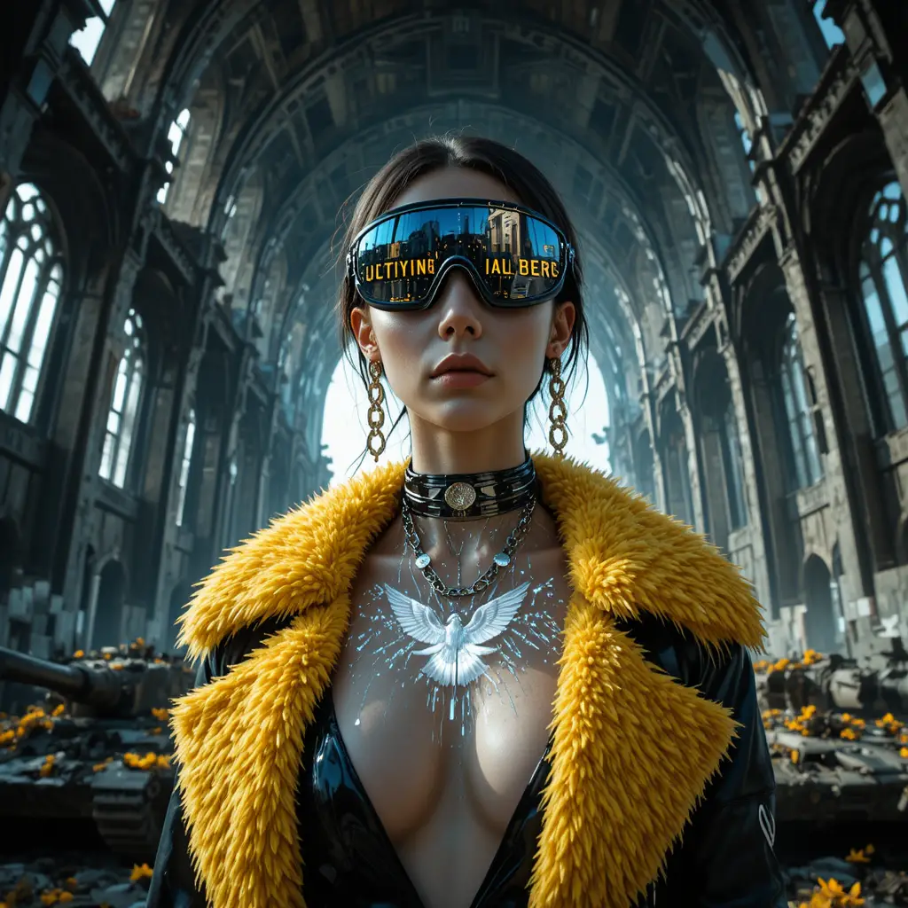 Fearless cyberpunk woman beneath shattered military cathedral