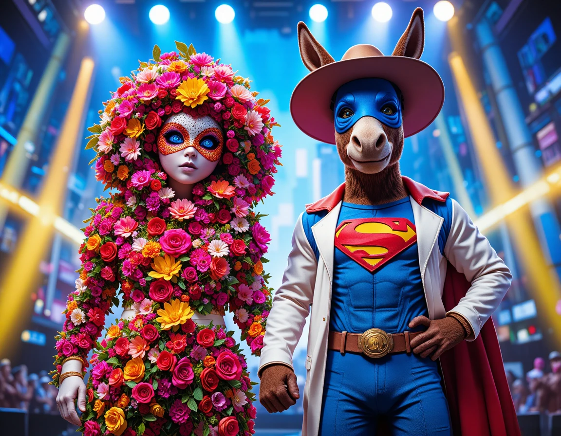 Floral mascot and donkey superhero on vibrant stage