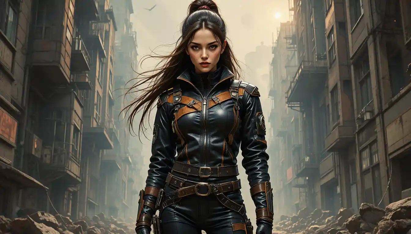 Young space warrior woman in a futuristic urban street
