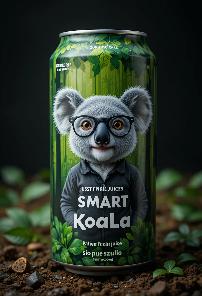 Close up fruit juice can with koala mascot in forest
