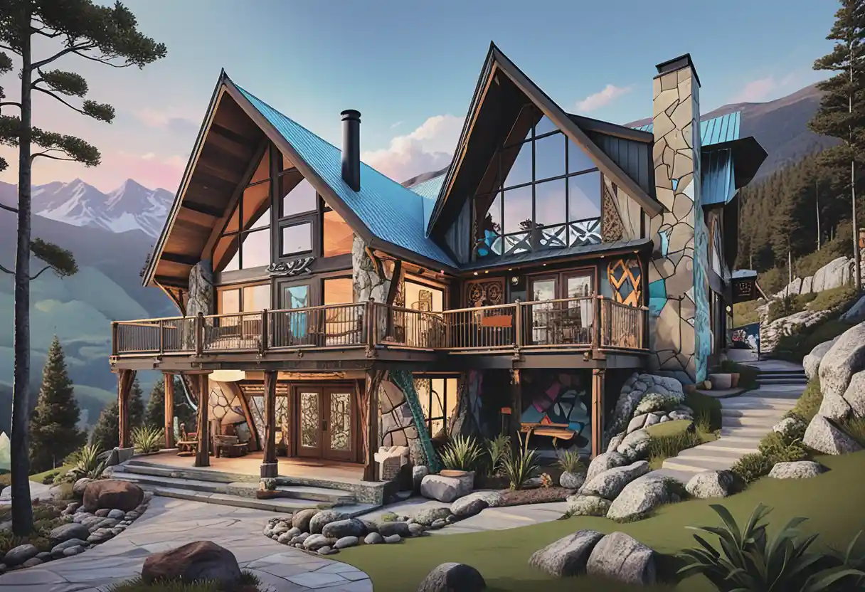 Luxury rustic mountain cabin in isometric night scene