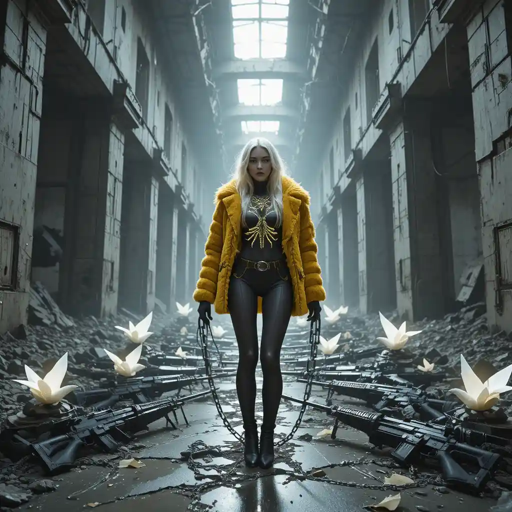 Cyberpunk woman in ruined underground transit terminal