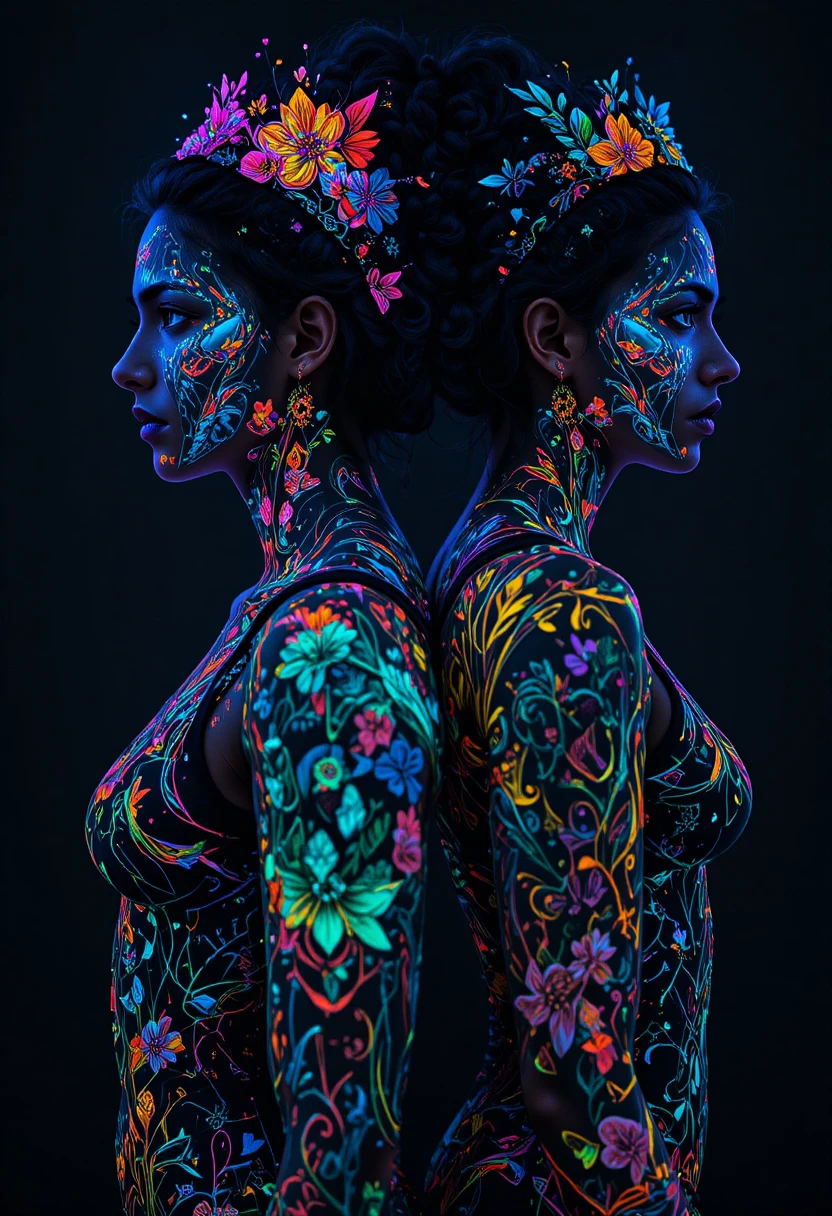 Latin couple with glowing futuristic tattoos in backlit view