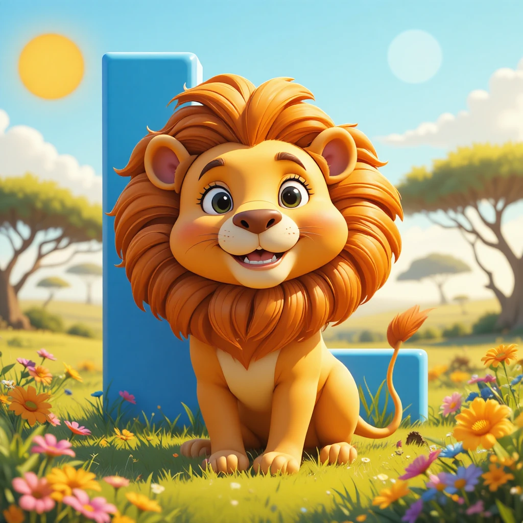 Cute 3d lion with letter l in sunny savanna scene