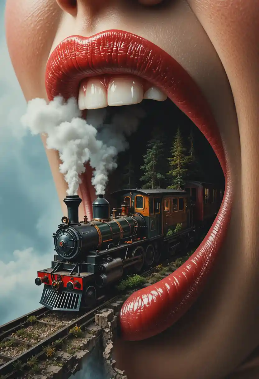Surreal close up of steam train emerging from giant mouth