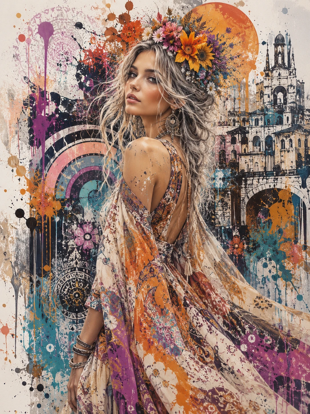 Mujer boho etérea con vestido fluido en retrato urbano