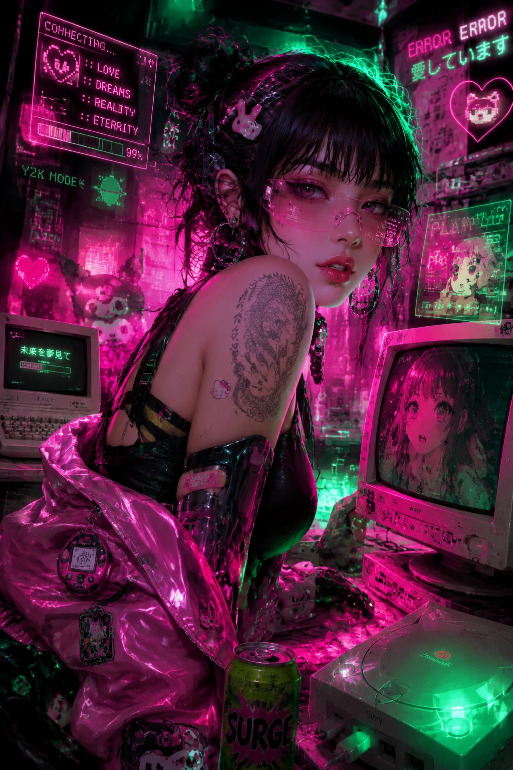 Cyber femme neón en paisaje urbano retrofuturista surreal