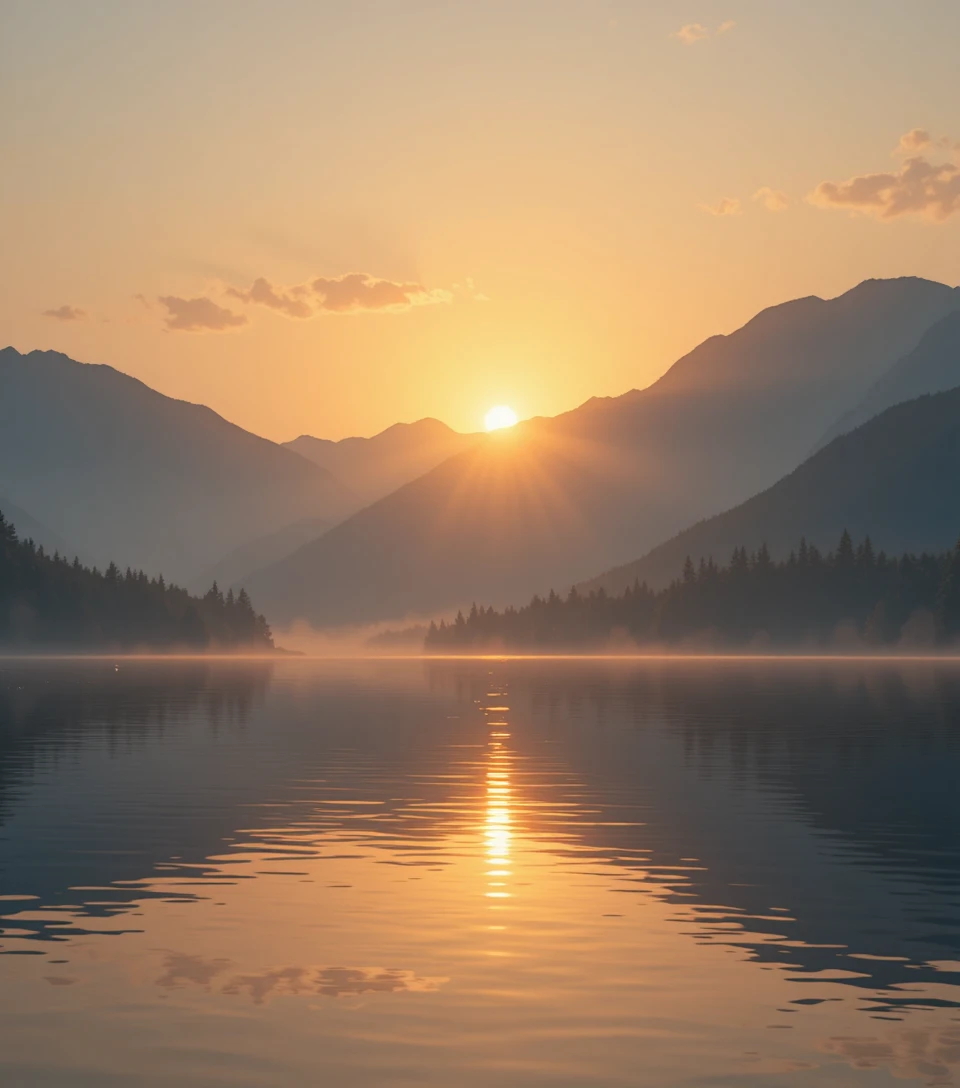 Serene Mountain Lake At Sunrise With Golden Reflections