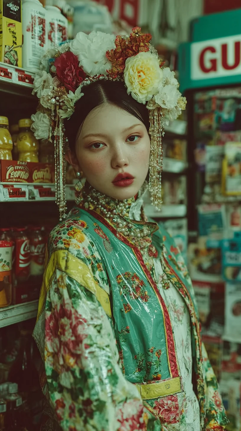게이샤 스타일 패션 모델의 비닐 기모노 초상