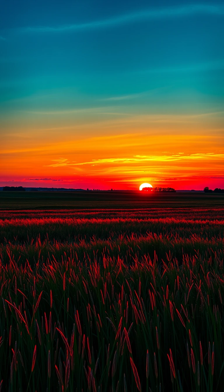 Vibrant sunset over misty grassland with distant trees