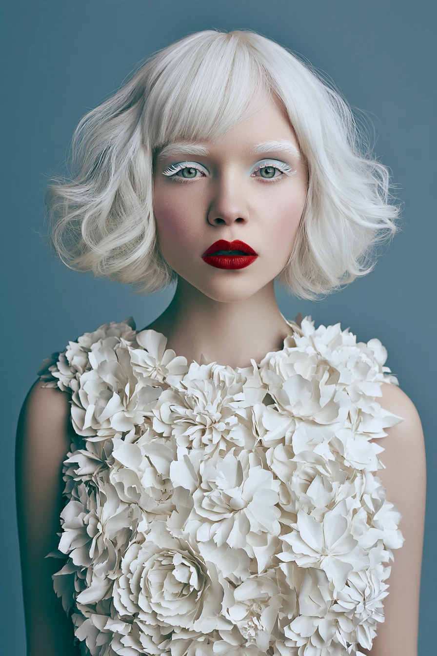 Albino woman in papercut floral dress with pastel makeup