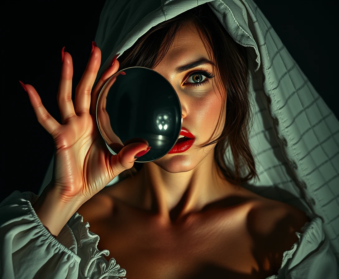 Possessed woman reflected in a tense surreal comic mirror scene