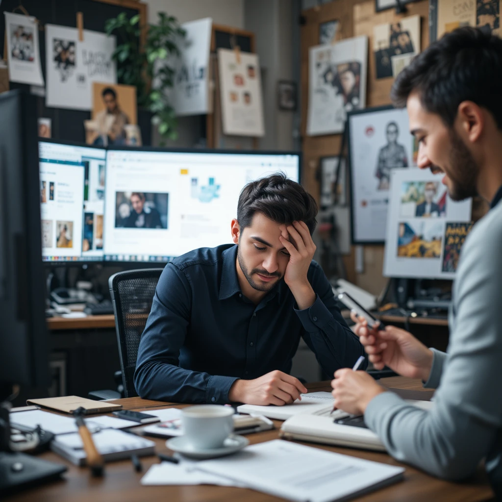 Stressed video editor at laptop in dim office lighting