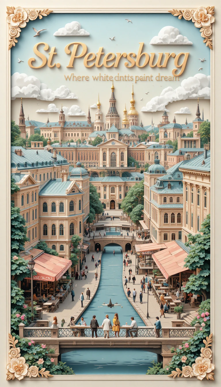 Póster de viaje en diorama de papel de una terraza de café en San Petersburgo